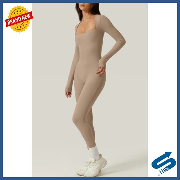 Long Sleeve Bodycon Jumpsuit Stretchy Leggings Style Square Neck - Picture 5 of 8